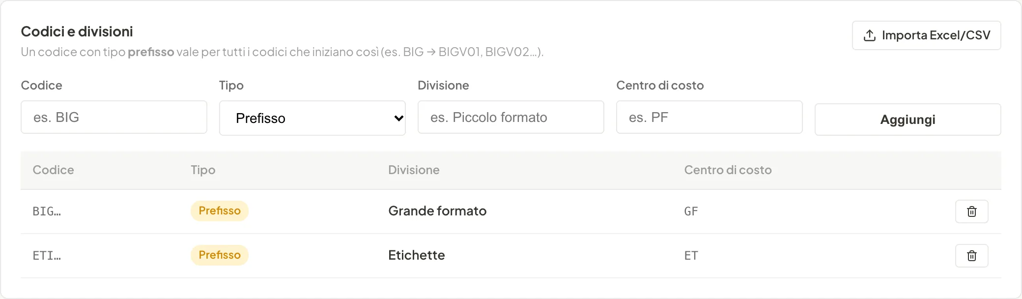 Tabella codici e divisioni con il modulo per aggiungerne uno