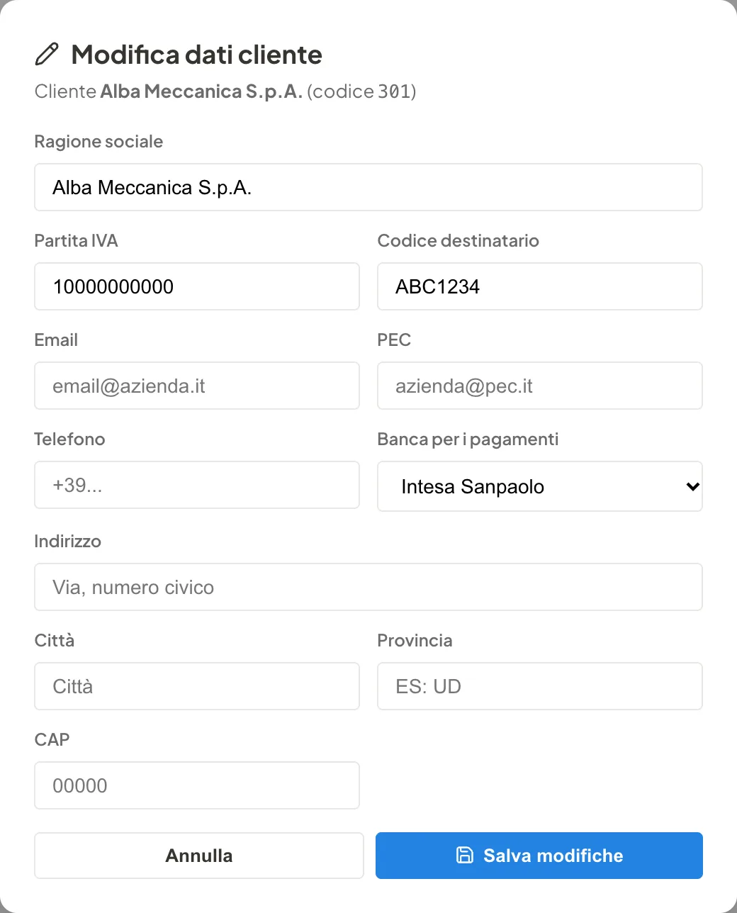 Finestra Modifica dati cliente