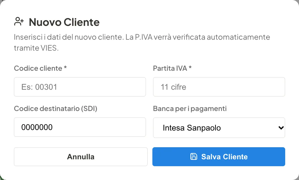 Finestra Nuovo cliente