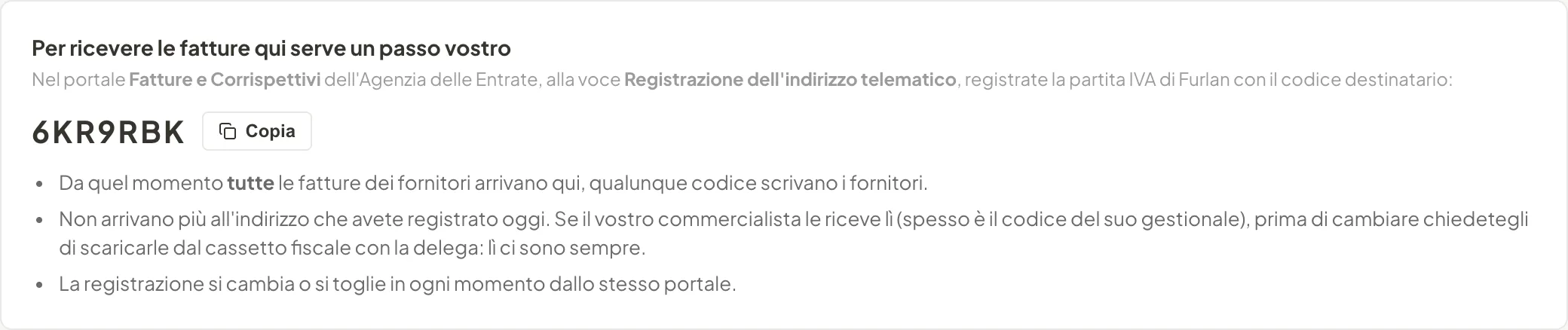 Riquadro con il codice destinatario da registrare e il pulsante Copia